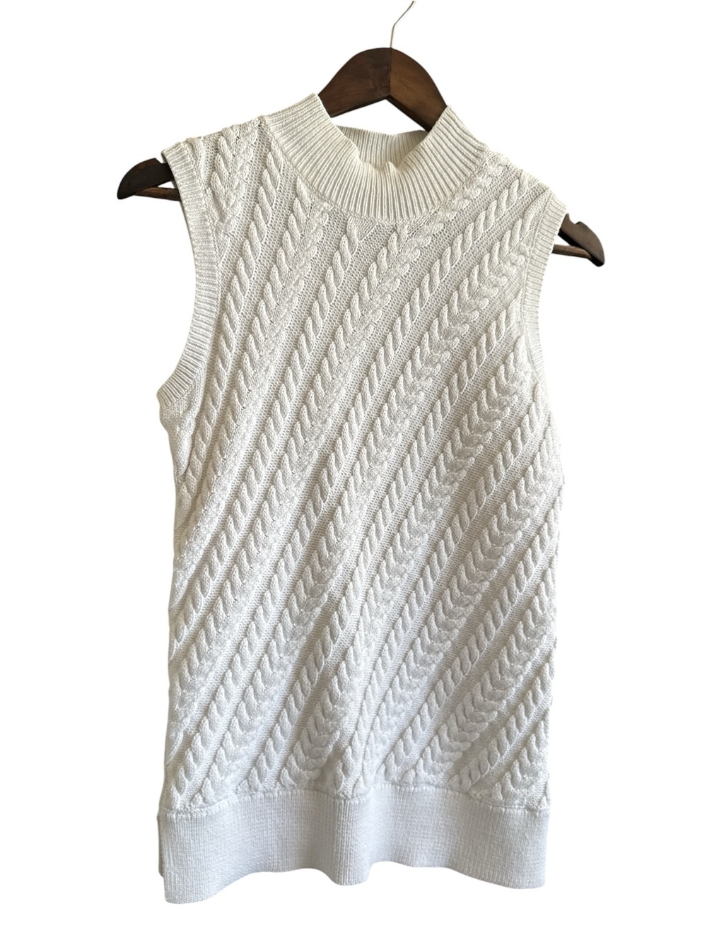 Talbots White Cable Knit Sleeveless Turtleneck Sweater Vest